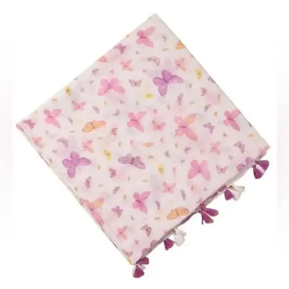 NEW Boho Butterfly Design Tasseled Rectangle Soft Chic Scarf Large Cream Pink